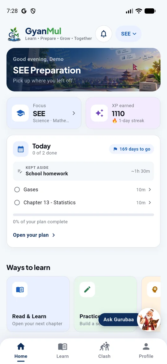 The GyanMul app: your exam focus, XP and today's plan