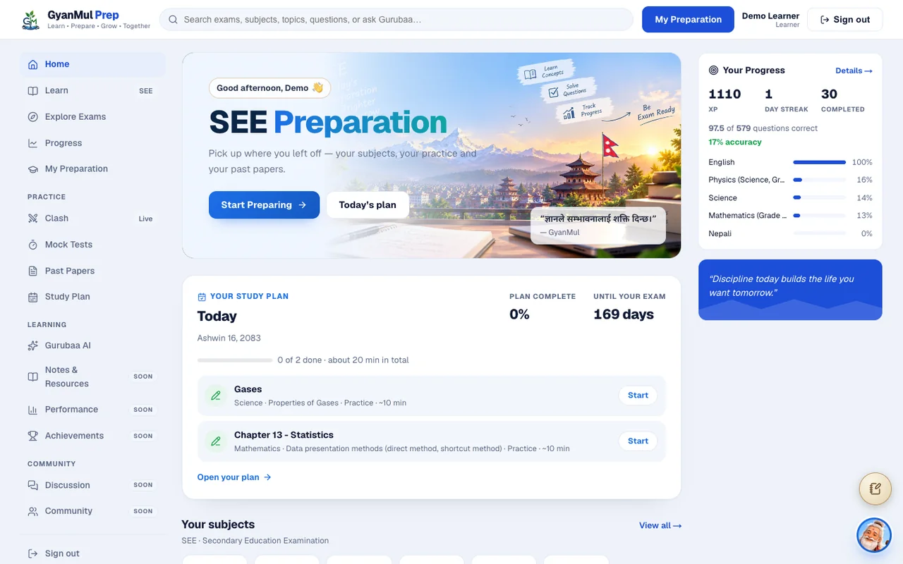 GyanMul Prep on the web: today's study plan, your subjects and your progress